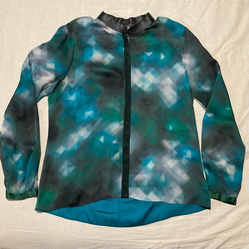 Ellie Tahari Silk + Elastane Blouse in Teal Blue+Forest Green - Some Flaws - Picture 1 of 16
